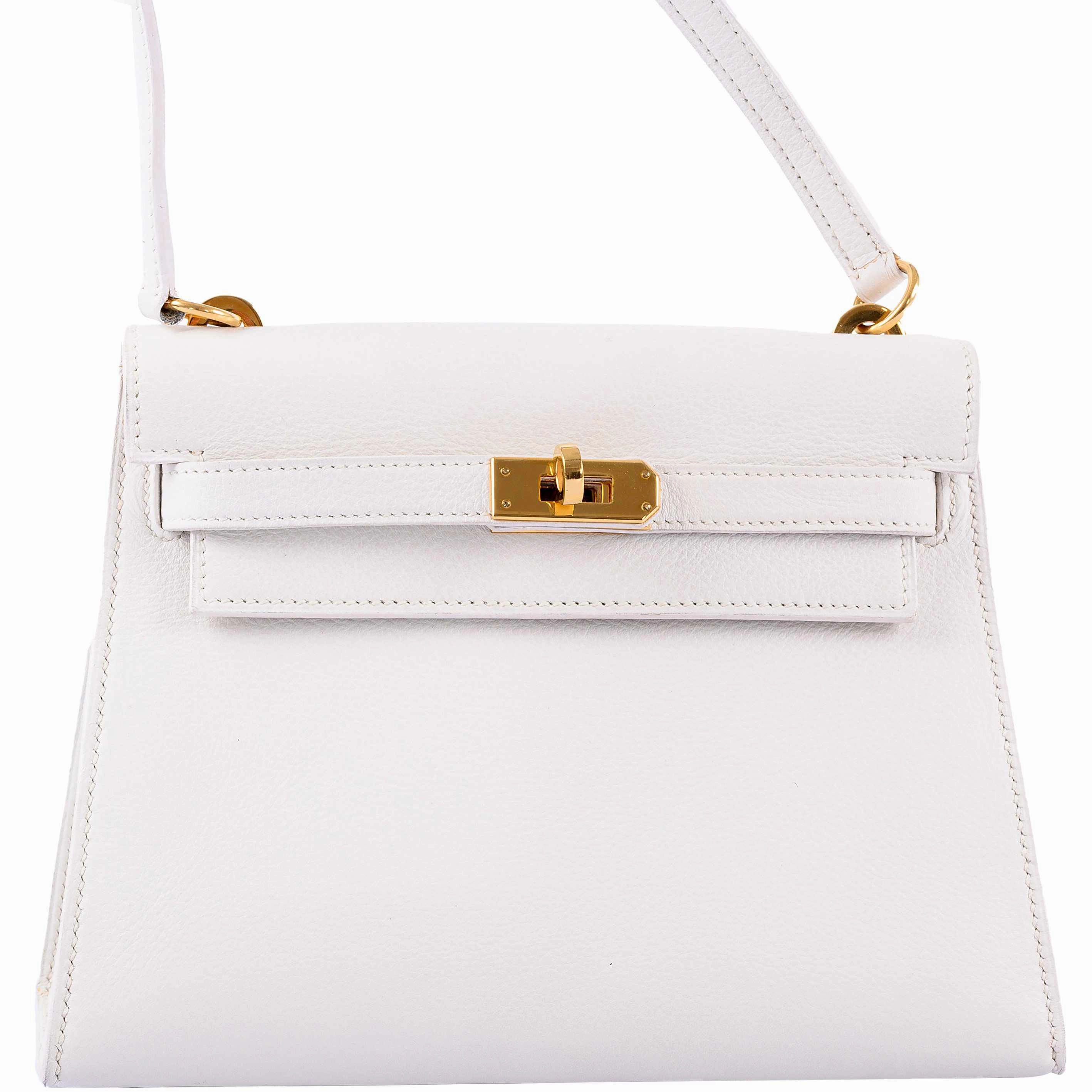 Herms Mini Kelly 20 Sellier Shoulder White Evercolor Gold Hardware - 1986