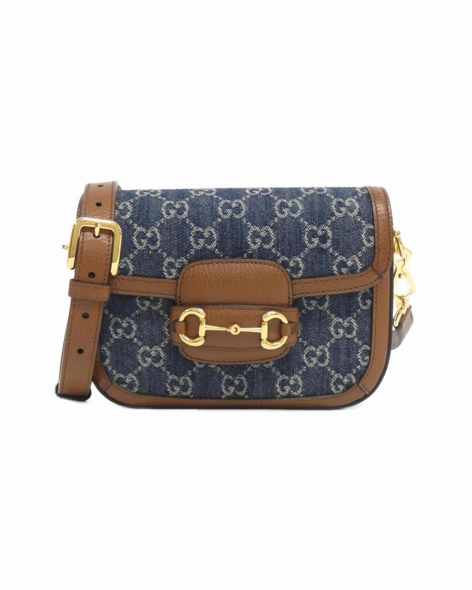Horsebit Denim Shoulder Bag with Dust Bag and Strap