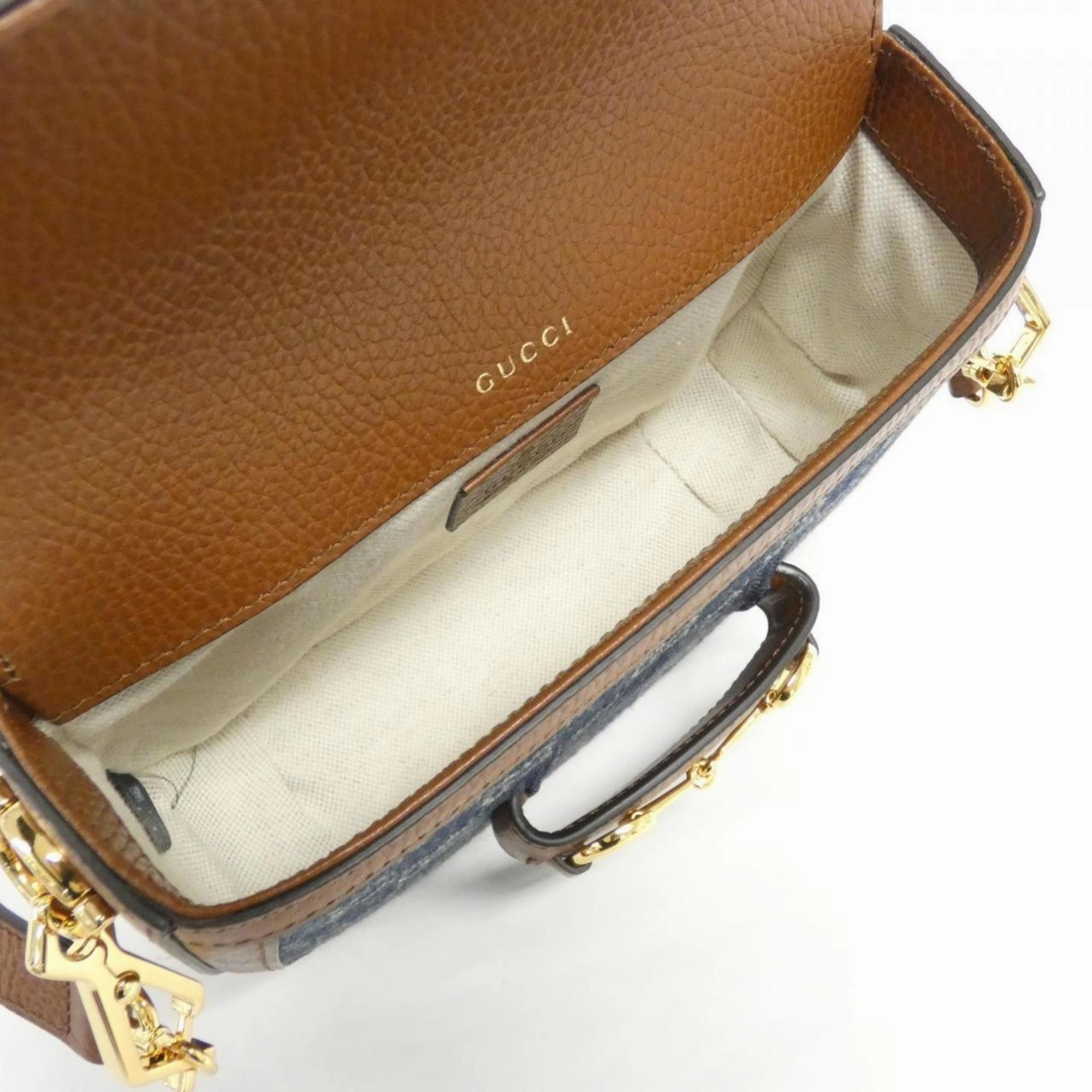 Horsebit Denim Shoulder Bag with Dust Bag and Strap