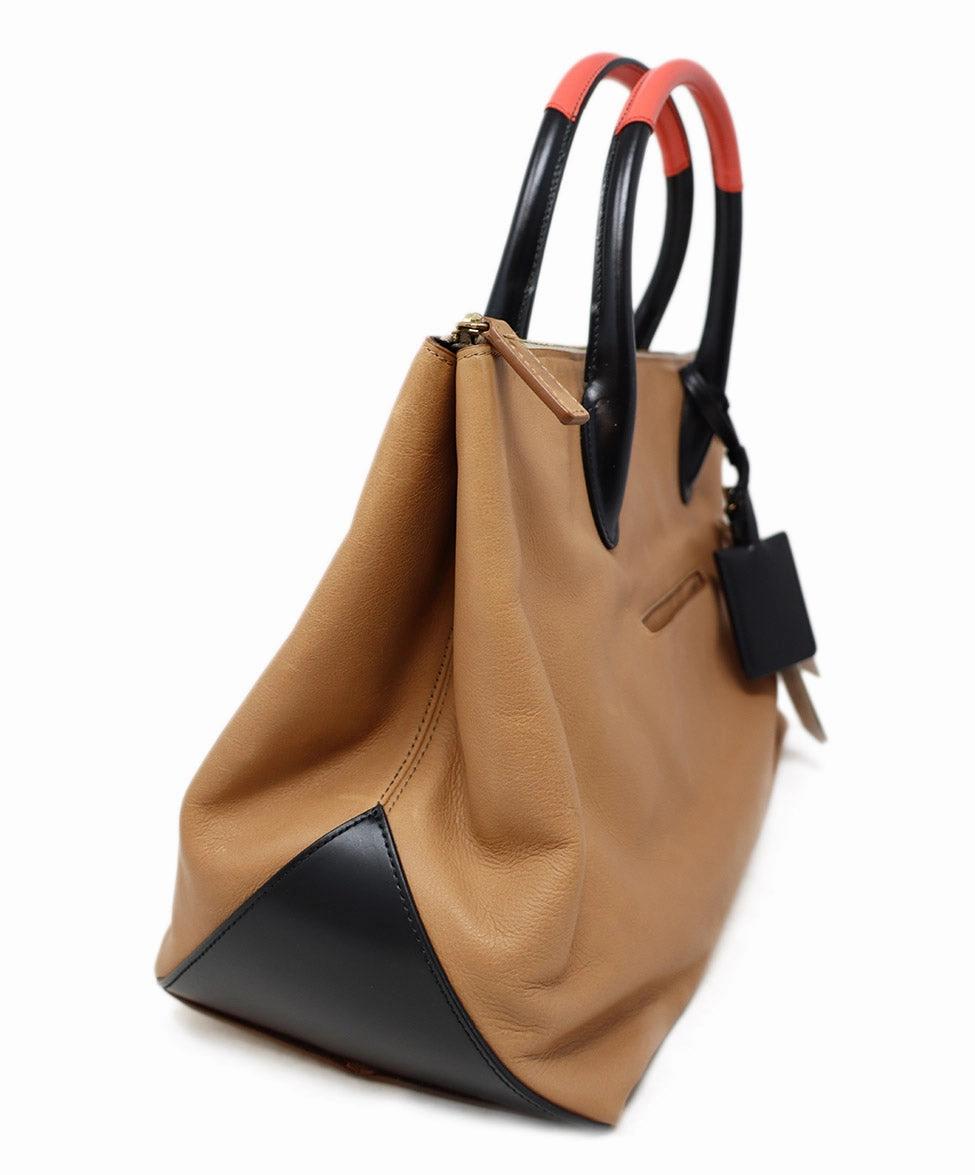 Jil Sander Brown Black & Coral Leather Satchel