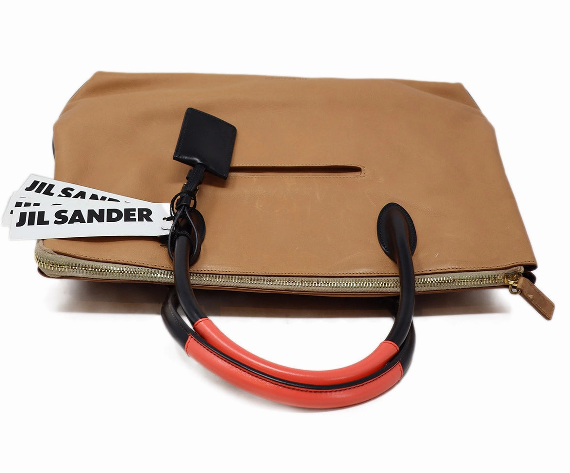 Jil Sander Brown Black & Coral Leather Satchel