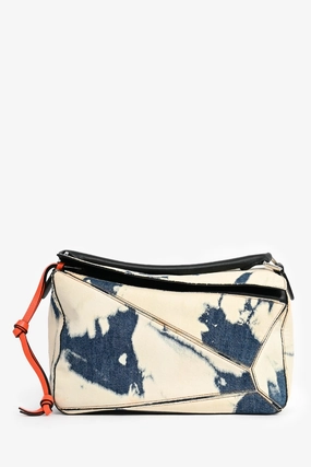 Loewe 2017 Blue Acid Wash Leather Trimmed Medium Puzzle Bag