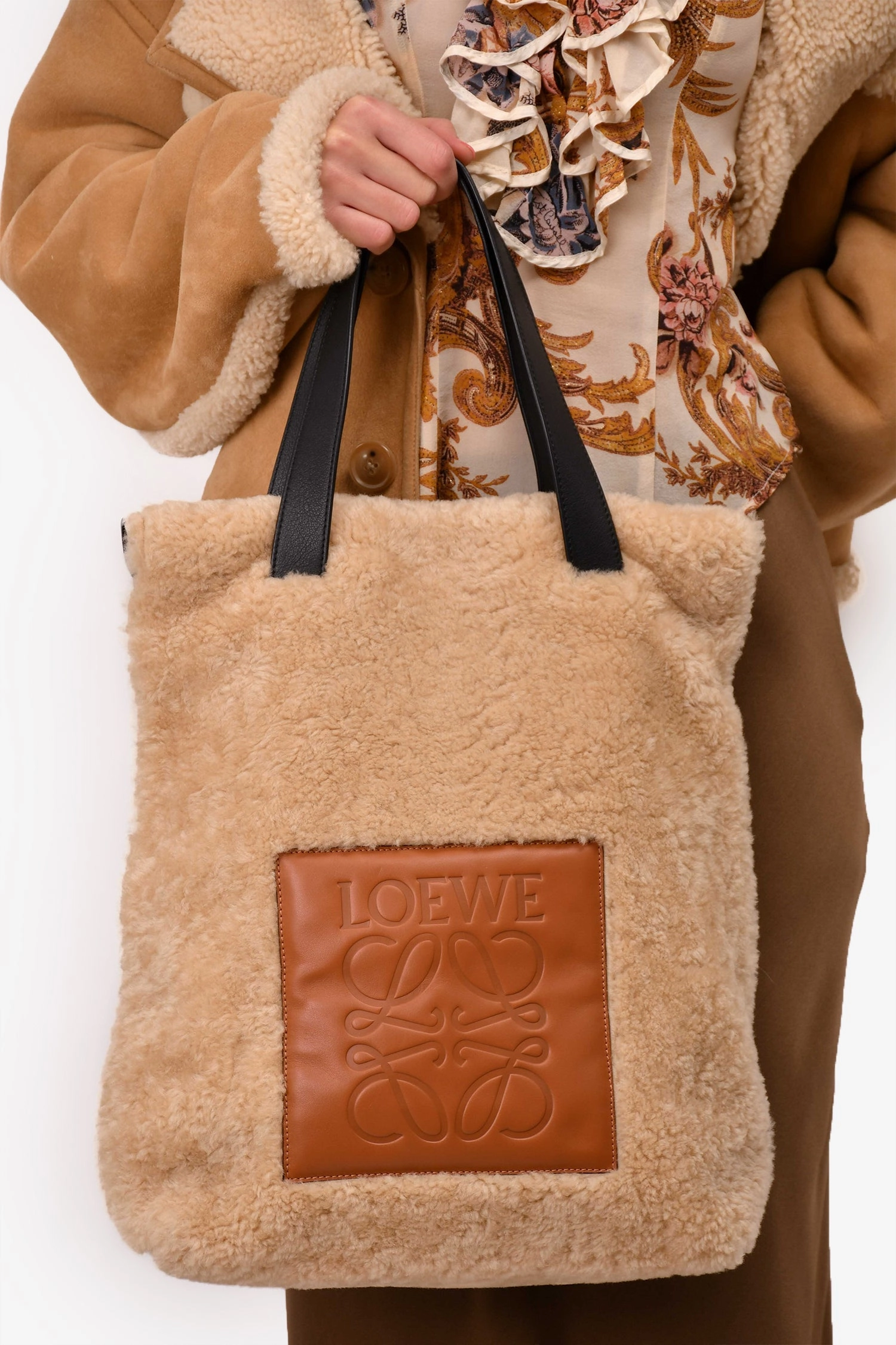 Loewe Beige Teddy Brown Leather 'Mouton' Anagram Tote