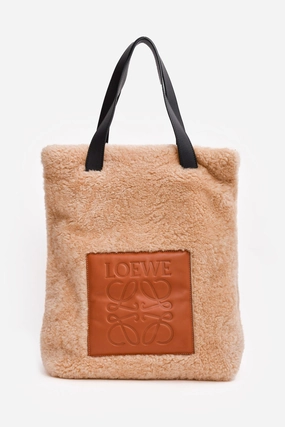 Loewe Beige Teddy Brown Leather 'Mouton' Anagram Tote