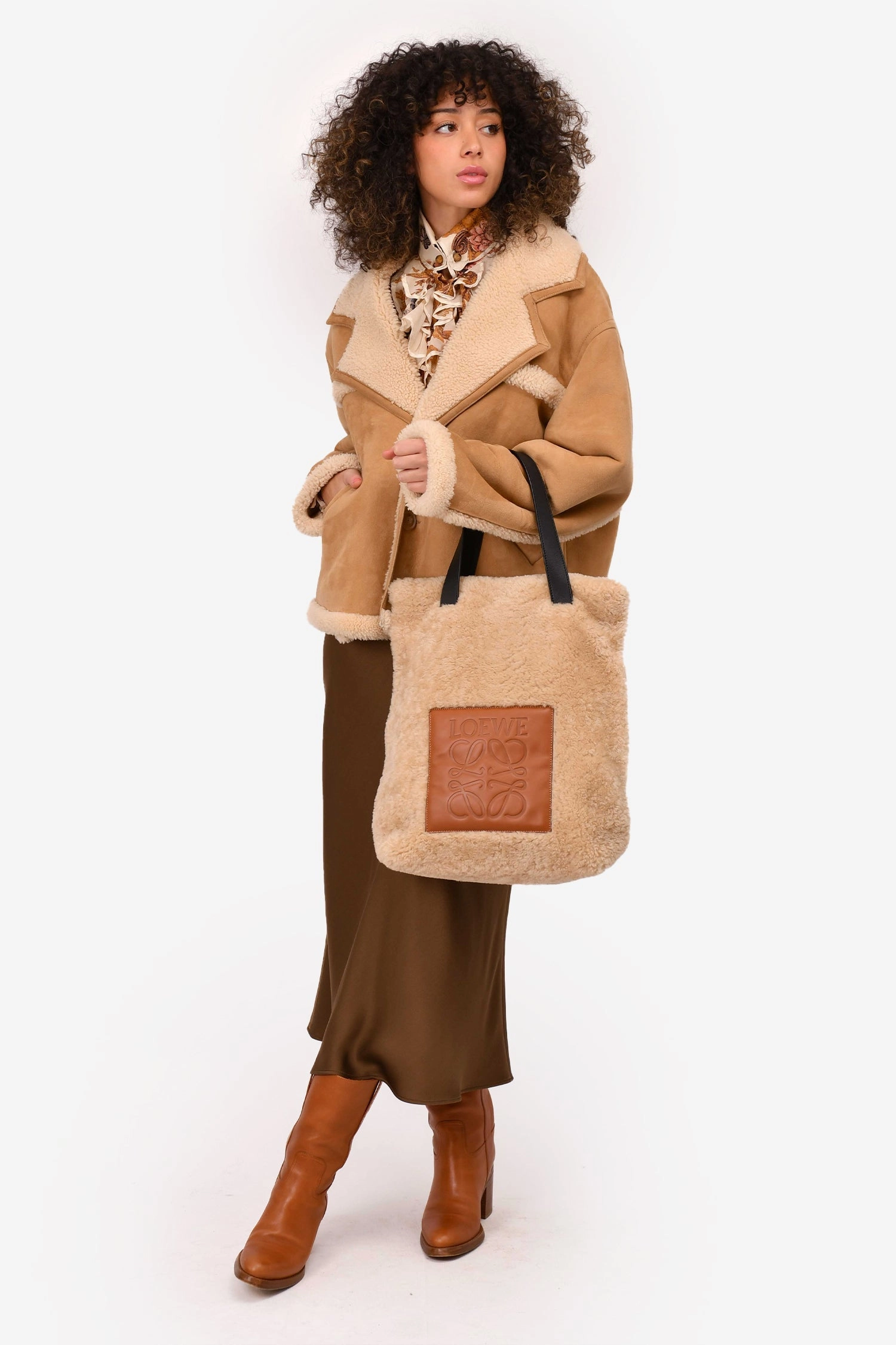 Loewe Beige Teddy Brown Leather 'Mouton' Anagram Tote