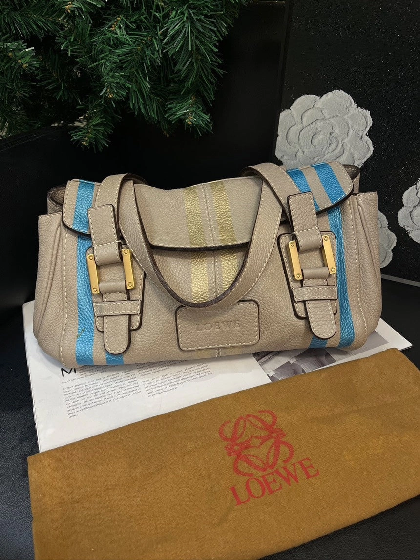 Loewe Elephant Gray Blue Gold Striped Baguette Shoulder Bag