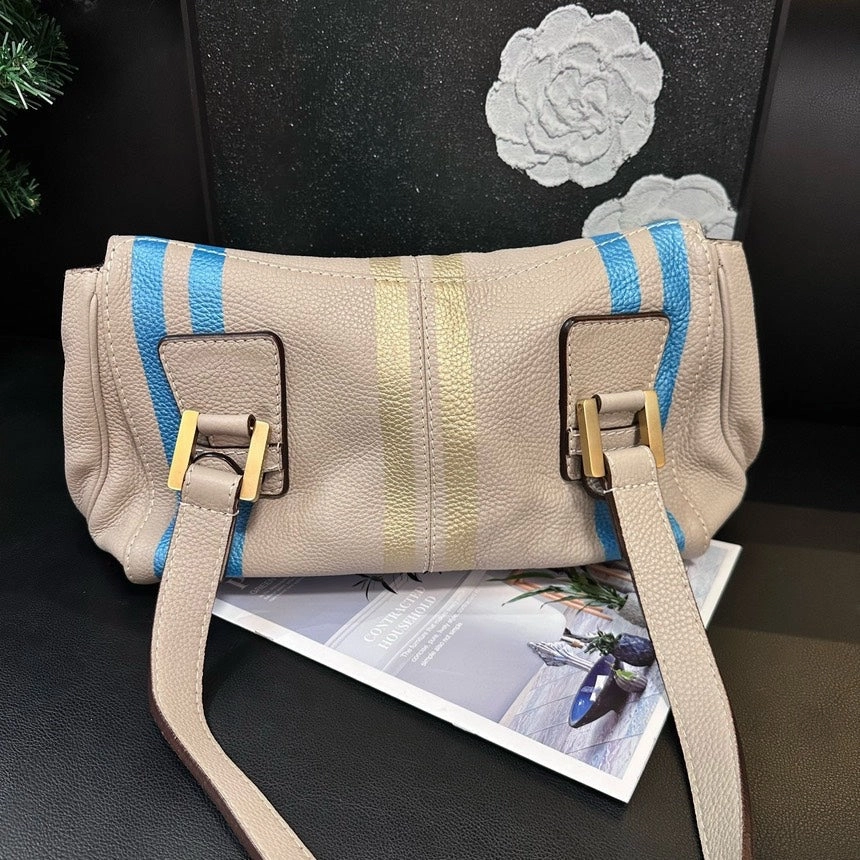 Loewe Elephant Gray Blue Gold Striped Baguette Shoulder Bag