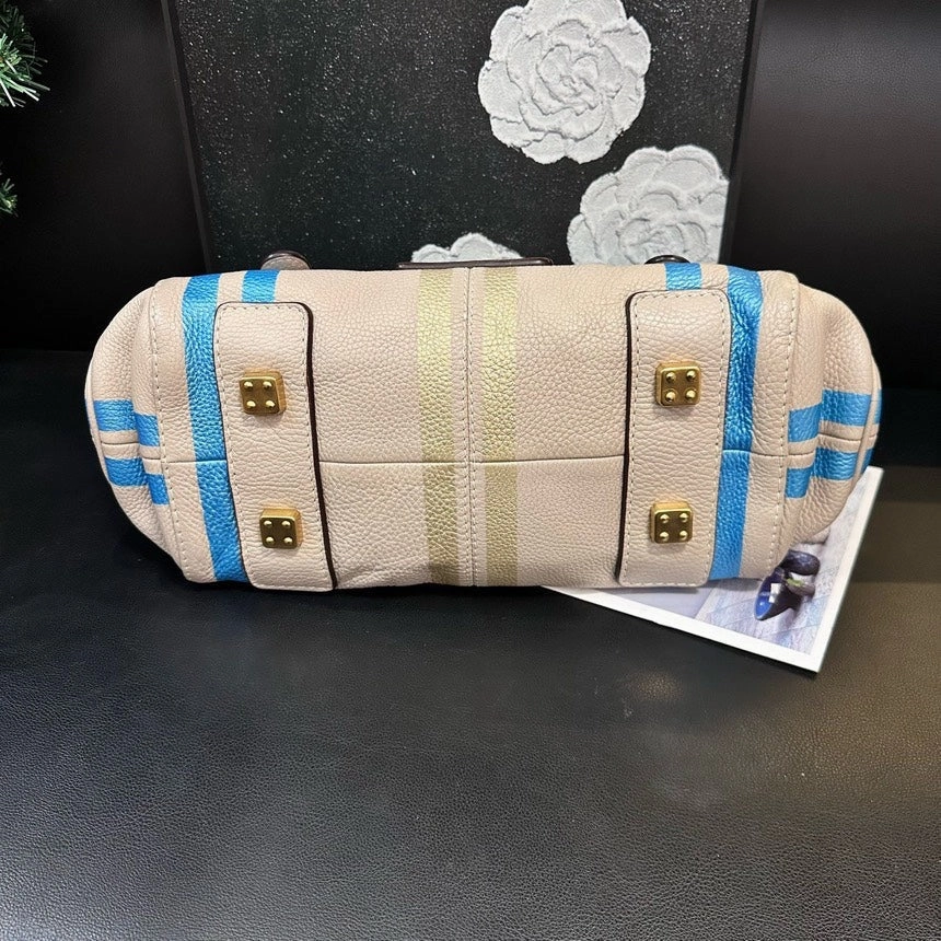 Loewe Elephant Gray Blue Gold Striped Baguette Shoulder Bag