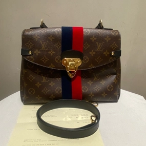 LOUIS VUITTON Monogram Canvas Crossbody Bag with Red and Blue Stripe