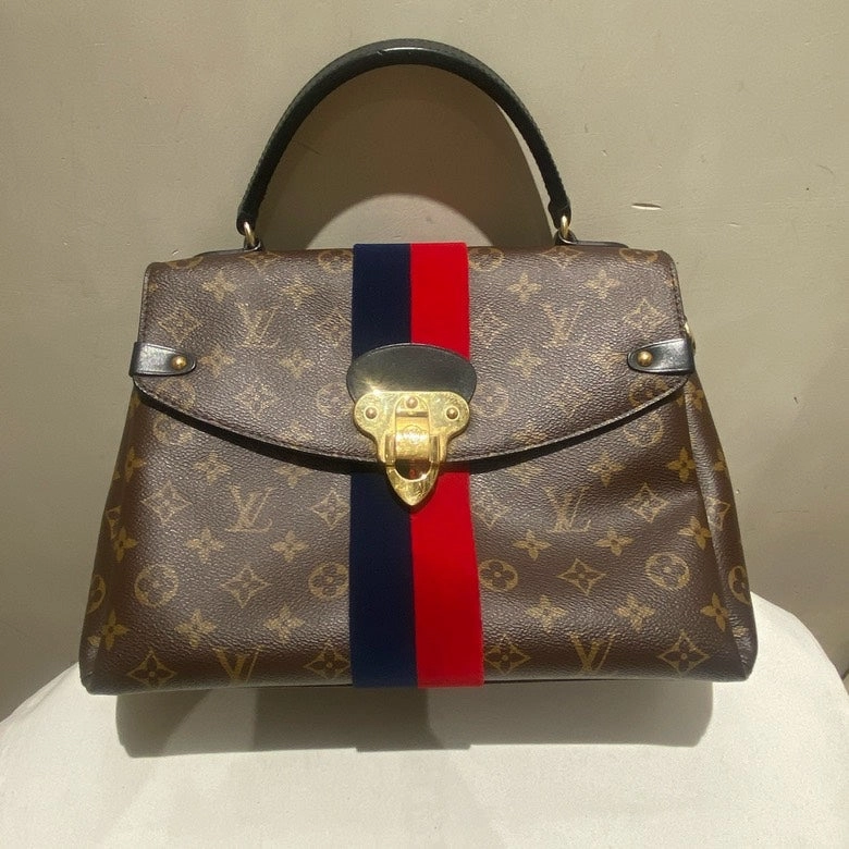 LOUIS VUITTON Monogram Canvas Crossbody Bag with Red and Blue Stripe