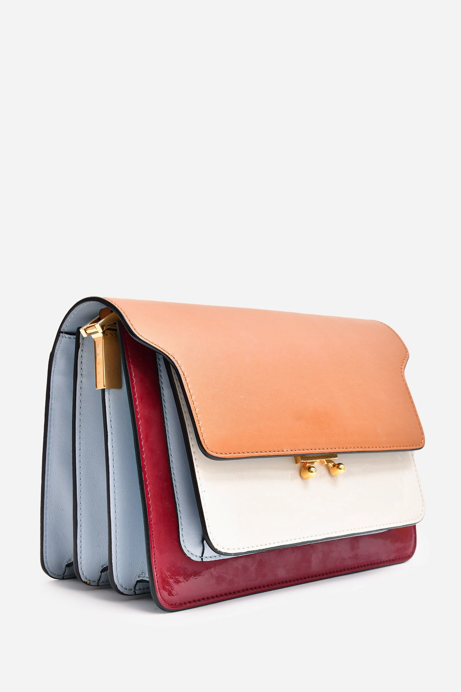 Marni Brown/White/Burgundy Leather/Patent Trunk Bag With Strap (As Is)