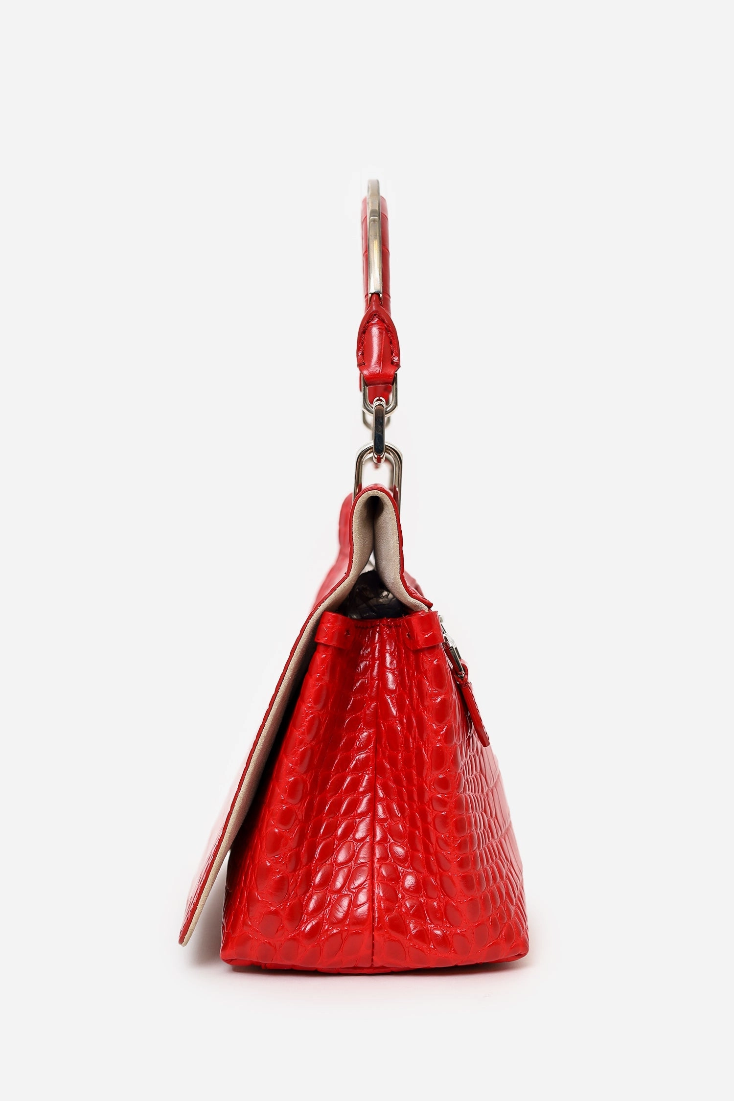 Max Mara Red Croc Embossed Leather Top Handle Bag with Strap