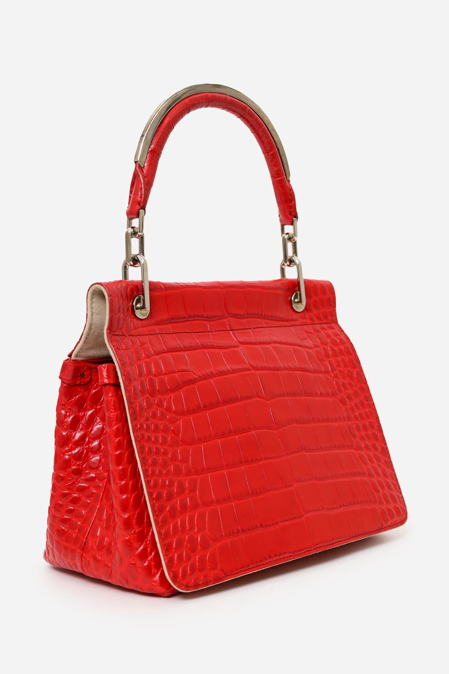 Max Mara Red Croc Embossed Leather Top Handle Bag with Strap