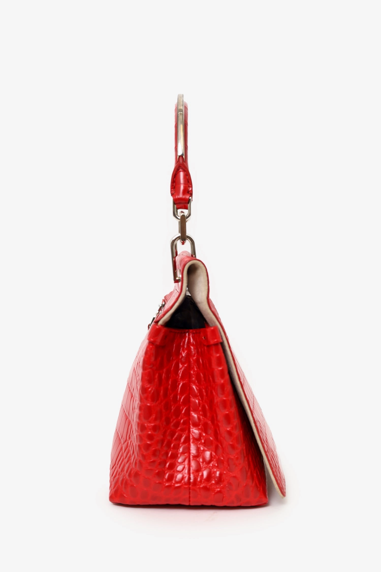 Max Mara Red Croc Embossed Leather Top Handle Bag with Strap