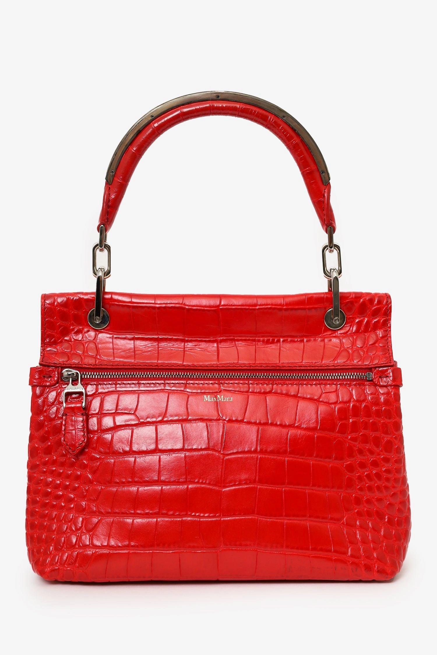 Max Mara Red Croc Embossed Leather Top Handle Bag with Strap
