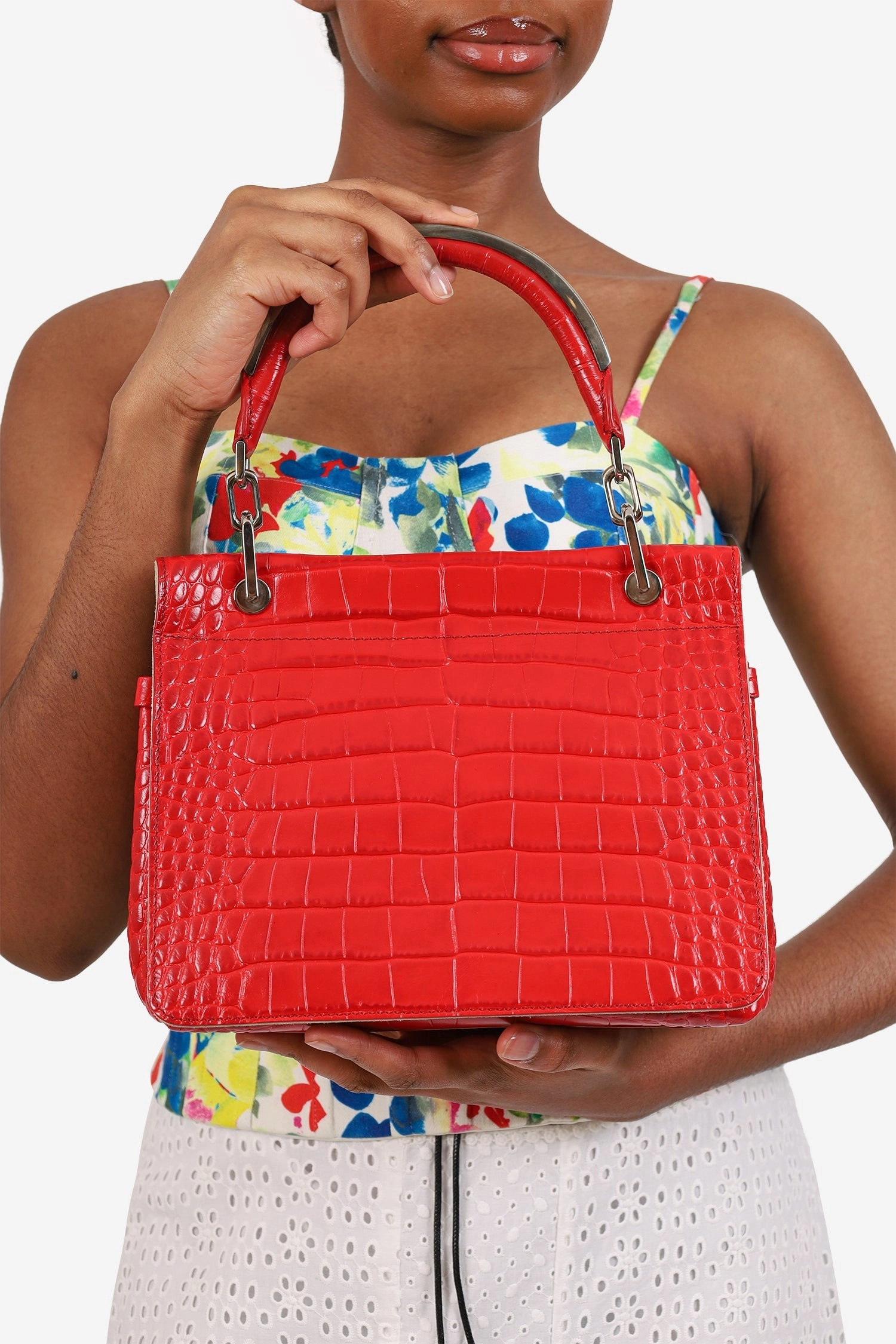 Max Mara Red Croc Embossed Leather Top Handle Bag with Strap