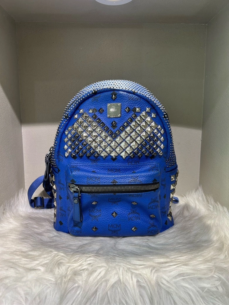 MCM Stark Studded Blue Leather Backpack