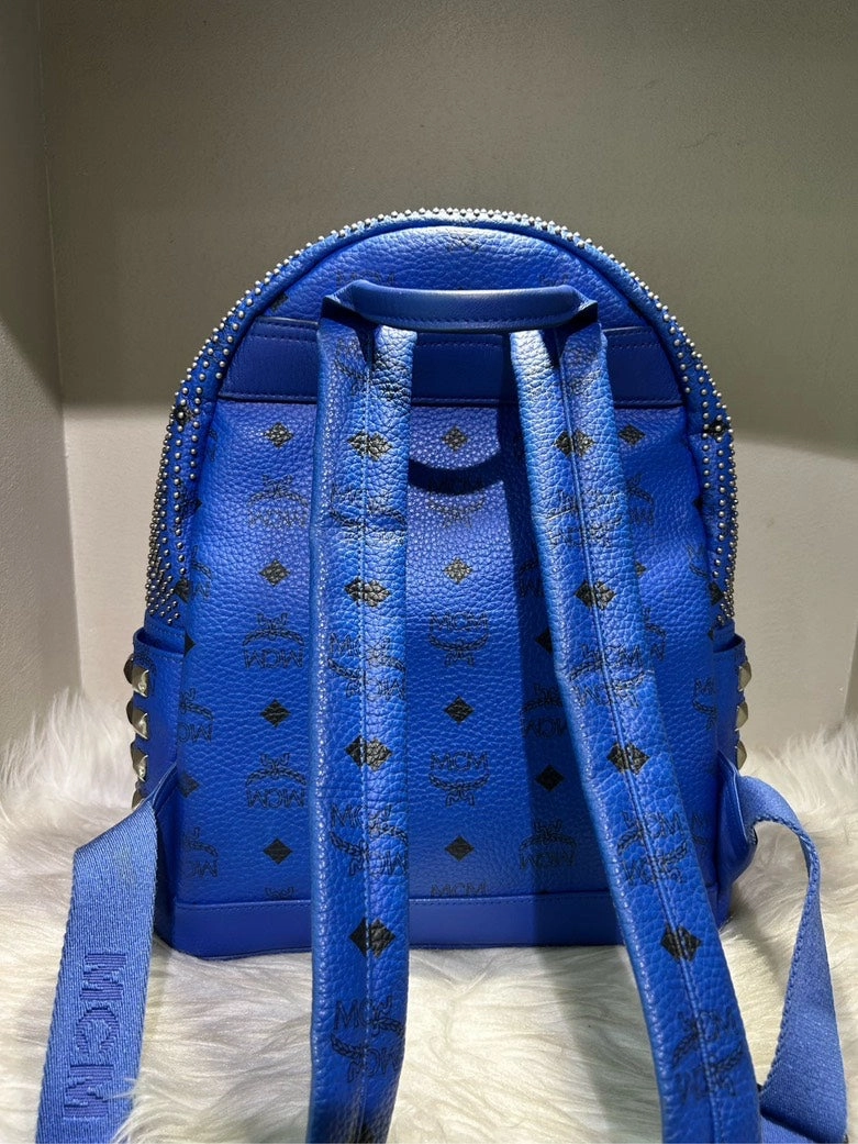 MCM Stark Studded Blue Leather Backpack
