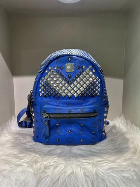 MCM Stark Studded Blue Leather Backpack