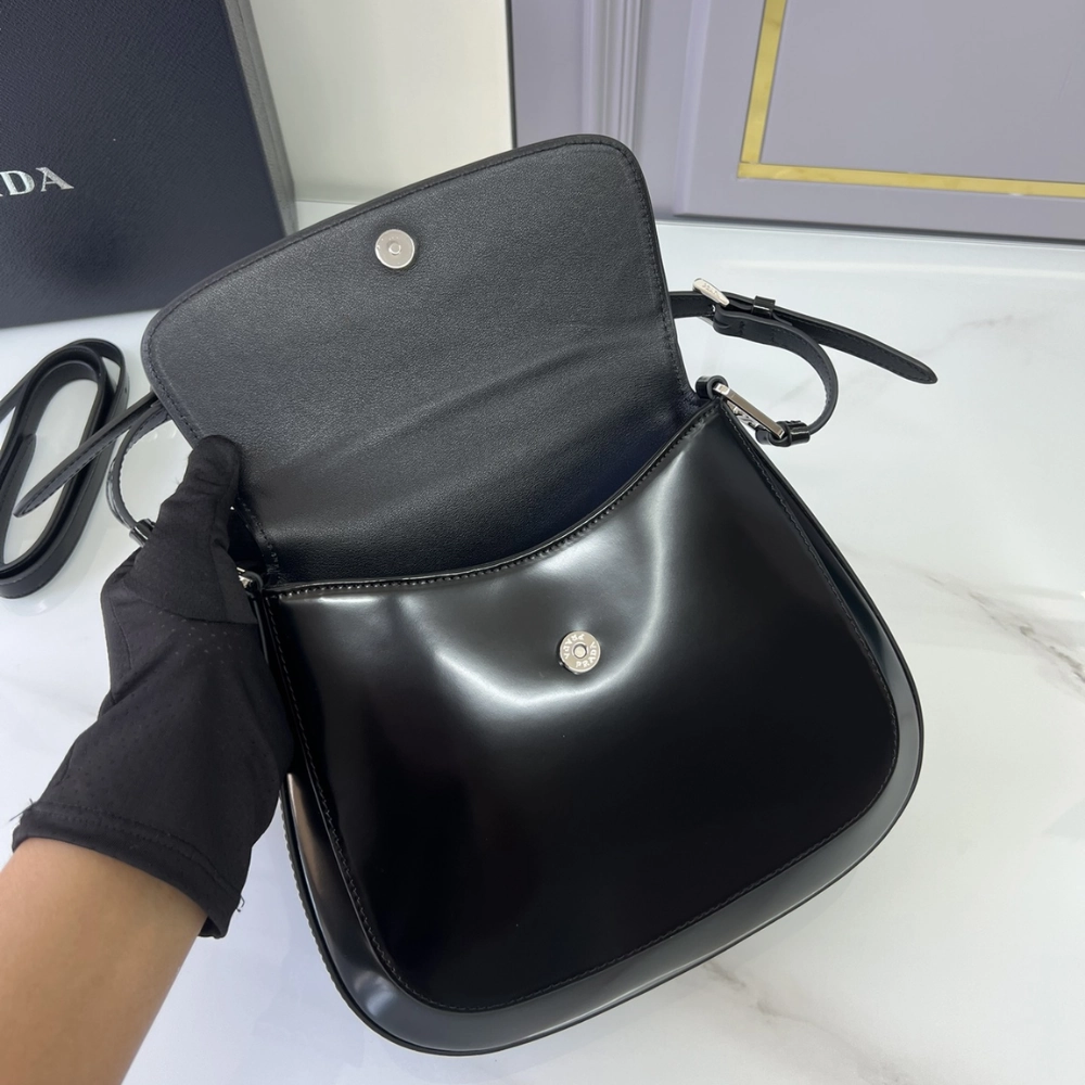 Medium Cleo Brushed Leather Black Leather Shoulder Bag for Women