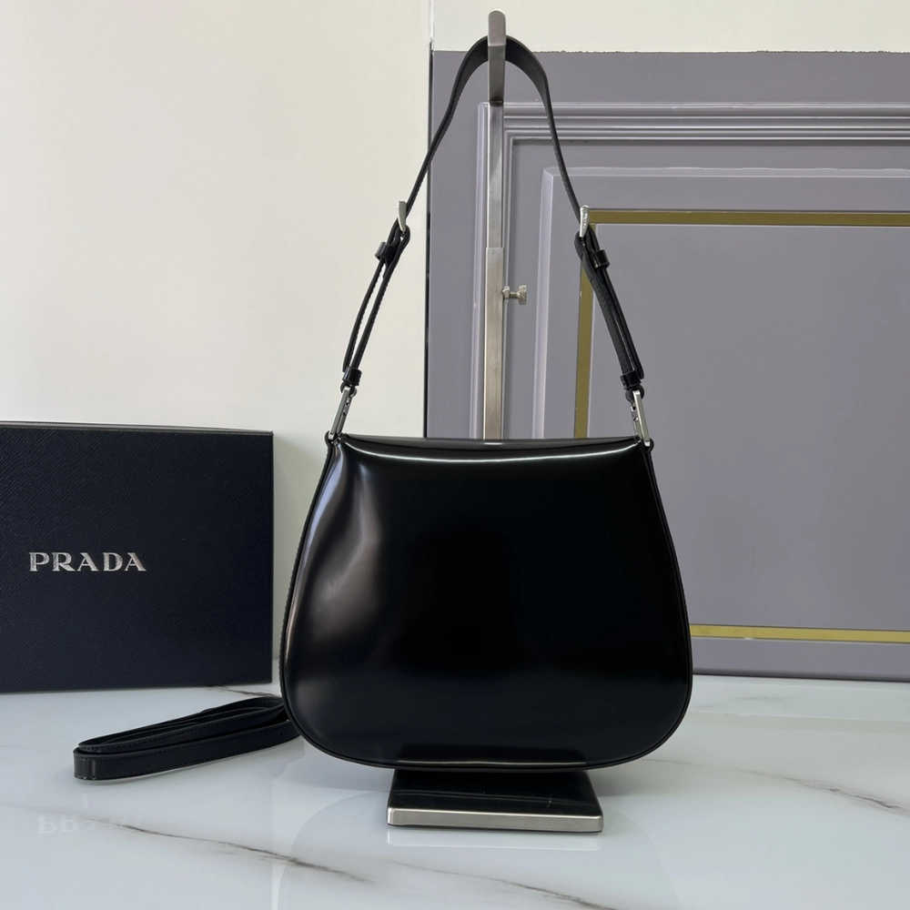 Medium Cleo Brushed Leather Black Leather Shoulder Bag for Women