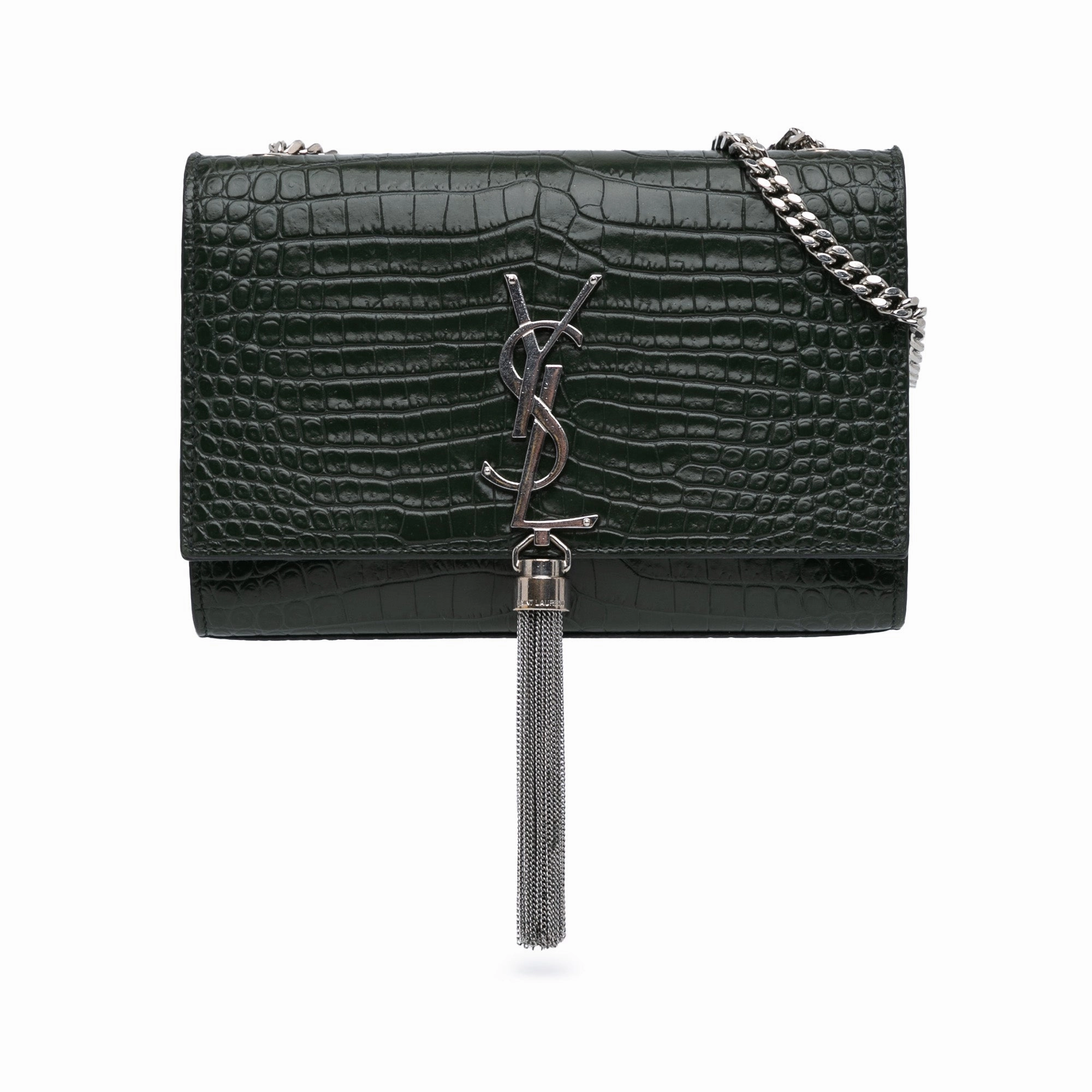 Medium Croc Embossed Leather Kate Tassel Crossbody