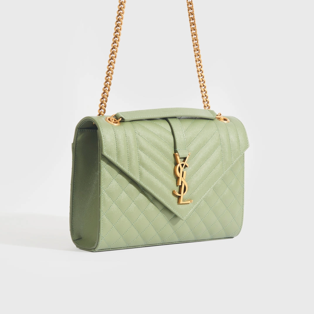 Medium Monogram Quilted Leather Envelope Shoulder Bag in Sage Green
