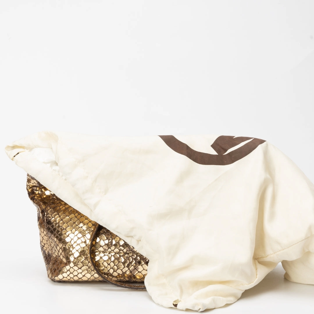 Michael Kors Metallic Gold Snakeskin Leather and Suede Chain Handle Tote