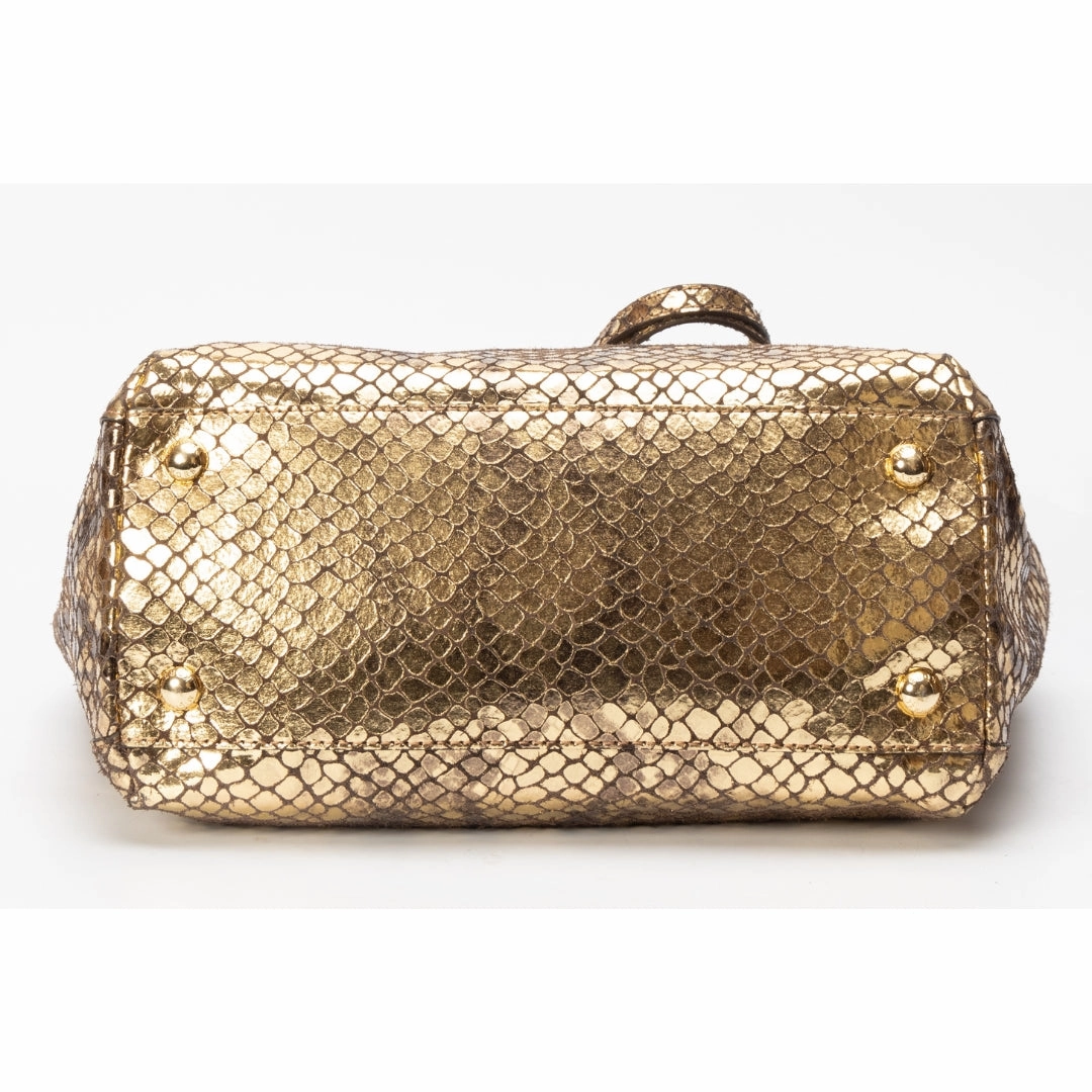 Michael Kors Metallic Gold Snakeskin Leather and Suede Chain Handle Tote
