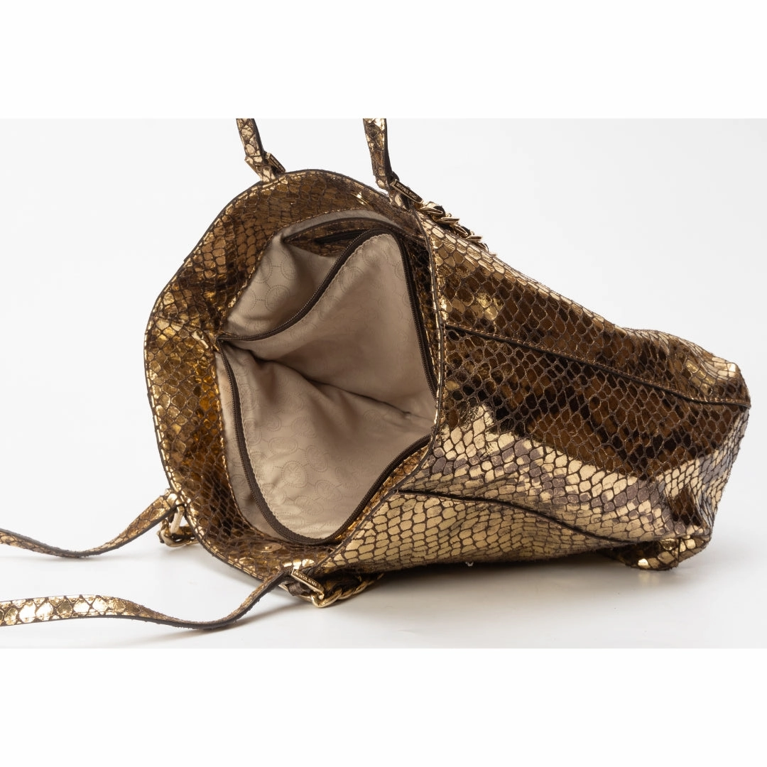 Michael Kors Metallic Gold Snakeskin Leather and Suede Chain Handle Tote