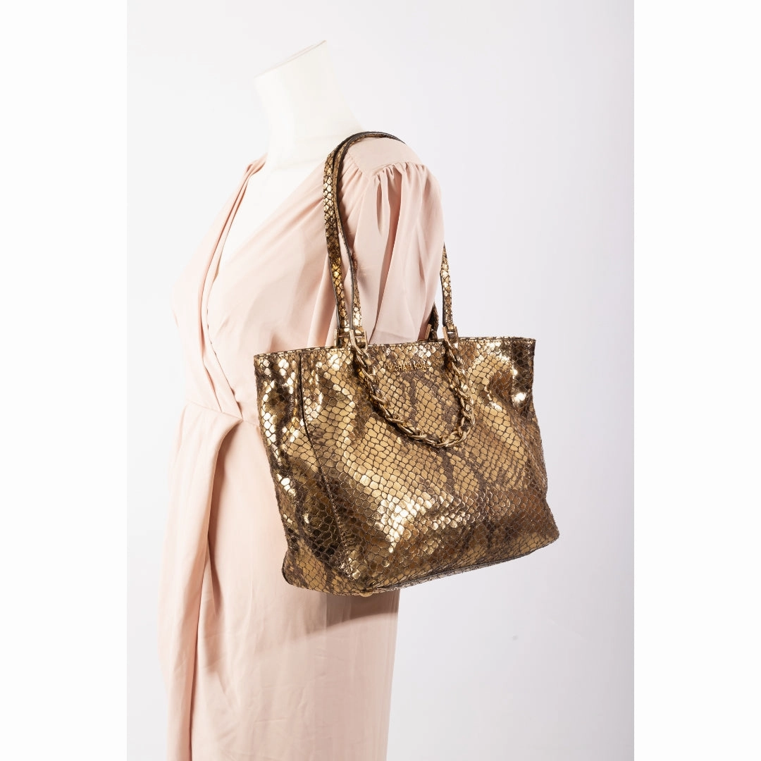 Michael Kors Metallic Gold Snakeskin Leather and Suede Chain Handle Tote
