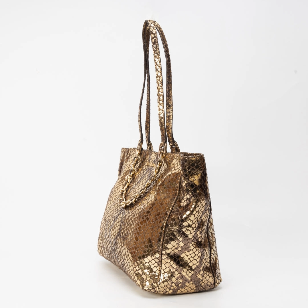 Michael Kors Metallic Gold Snakeskin Leather and Suede Chain Handle Tote