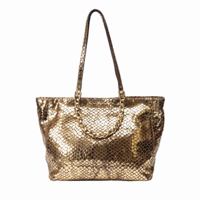 Michael Kors Metallic Gold Snakeskin Leather and Suede Chain Handle Tote