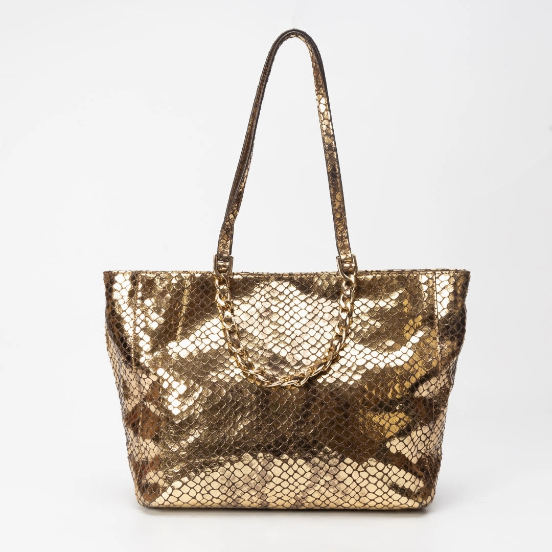 Michael Kors Metallic Gold Snakeskin Leather and Suede Chain Handle Tote