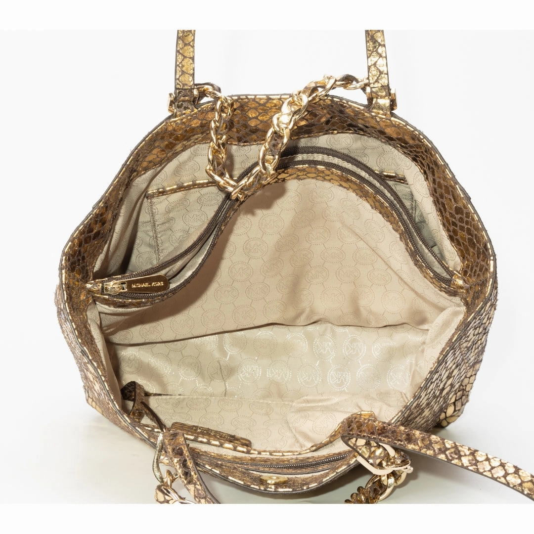 Michael Kors Metallic Gold Snakeskin Leather and Suede Chain Handle Tote