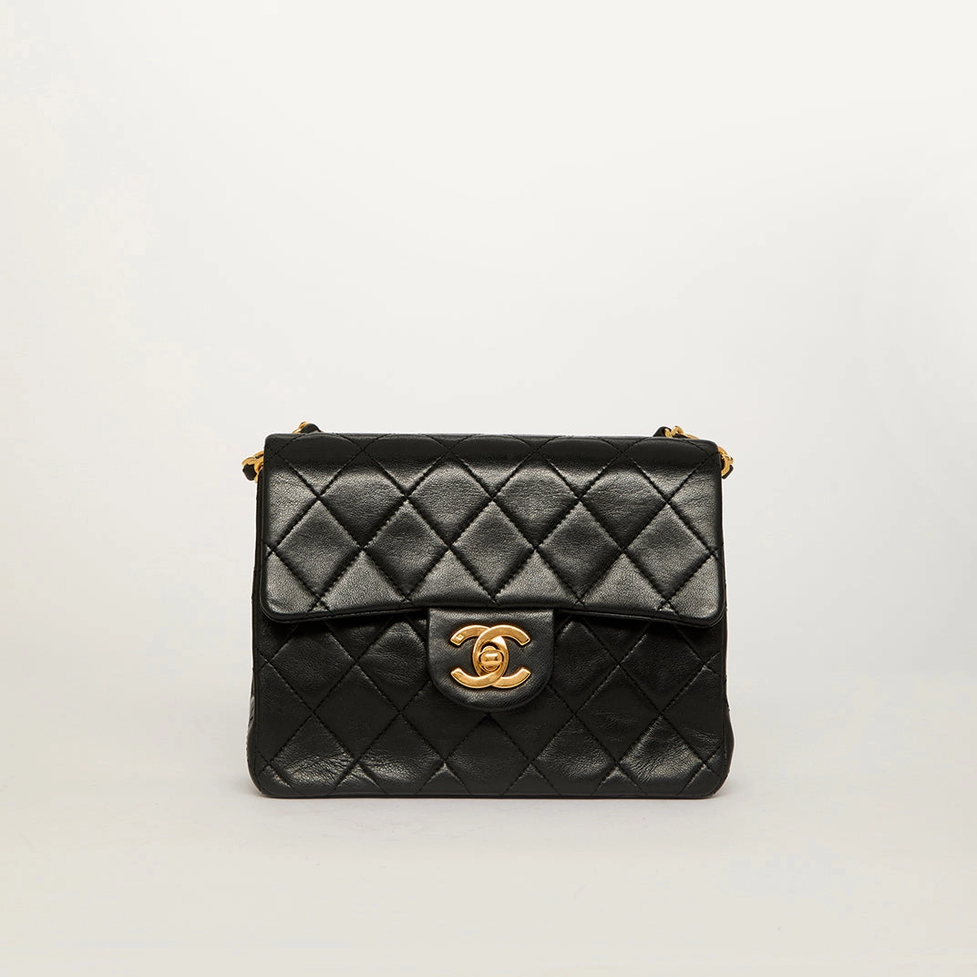 Mini Square Classic Single Flap Shoulder Bag in Black Lambskin