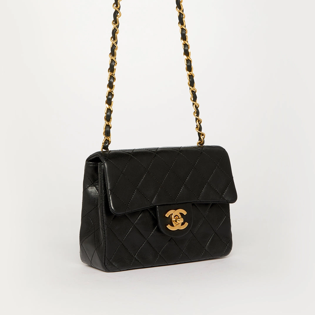 Mini Square Classic Single Flap Shoulder Bag in Black Lambskin