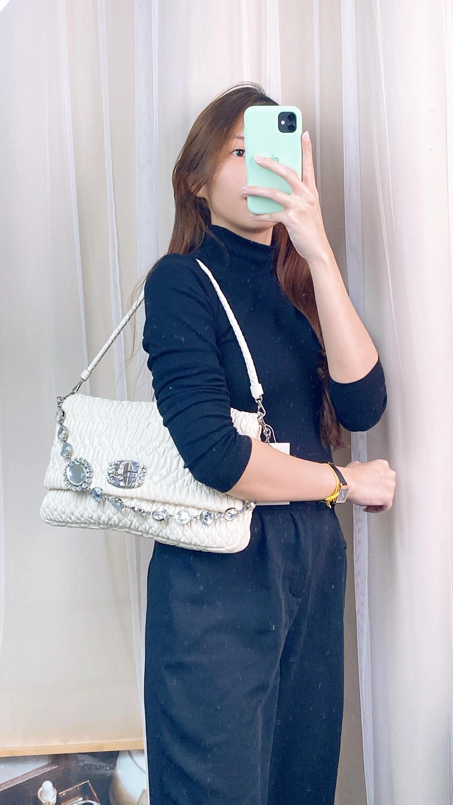 Miu Miu White Matelasse Nappa Crystal Shoulder Bag