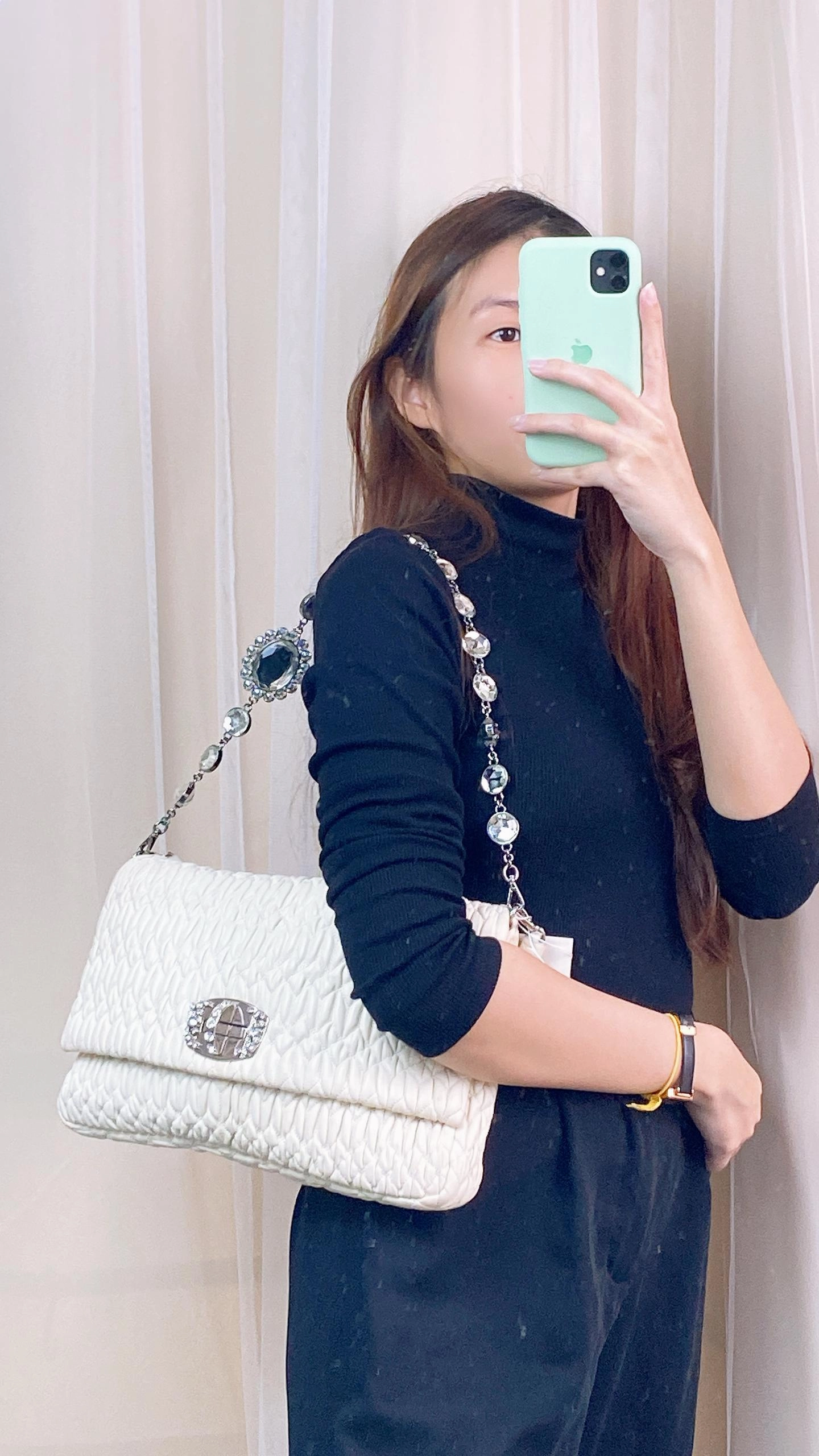 Miu Miu White Matelasse Nappa Crystal Shoulder Bag