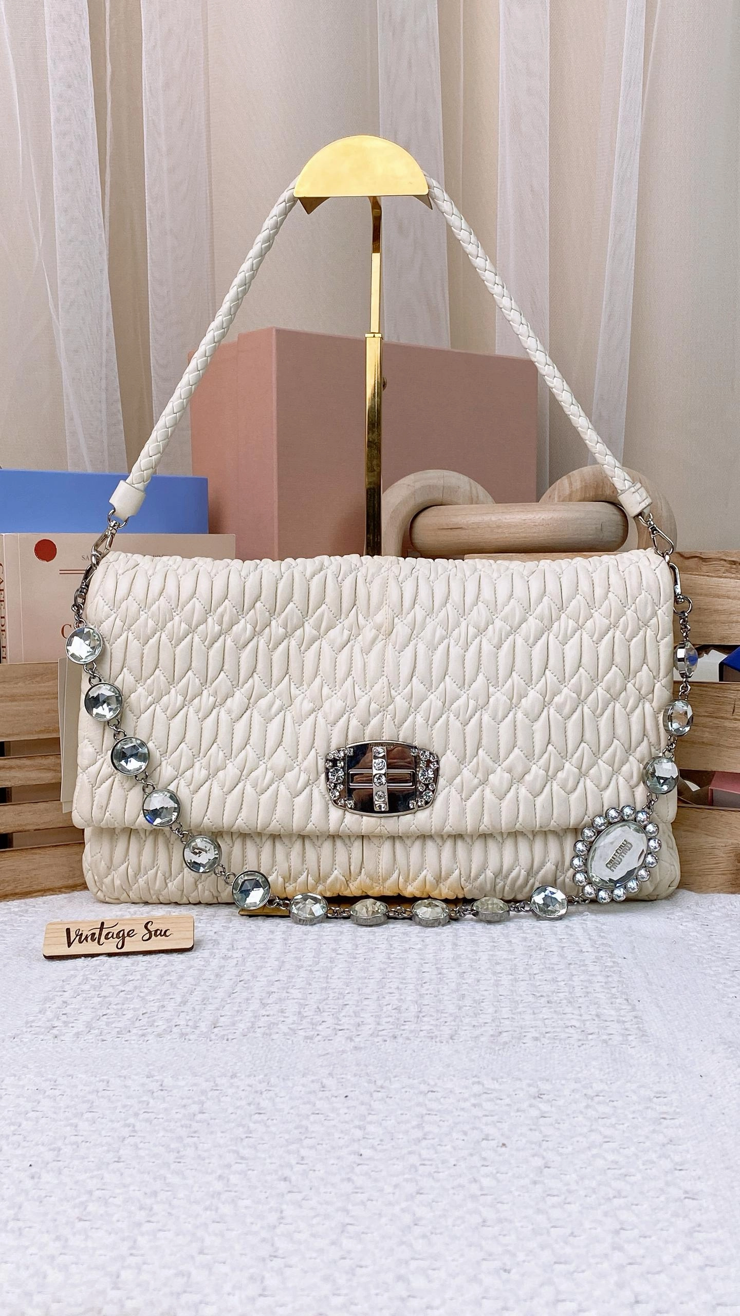 Miu Miu White Matelasse Nappa Crystal Shoulder Bag