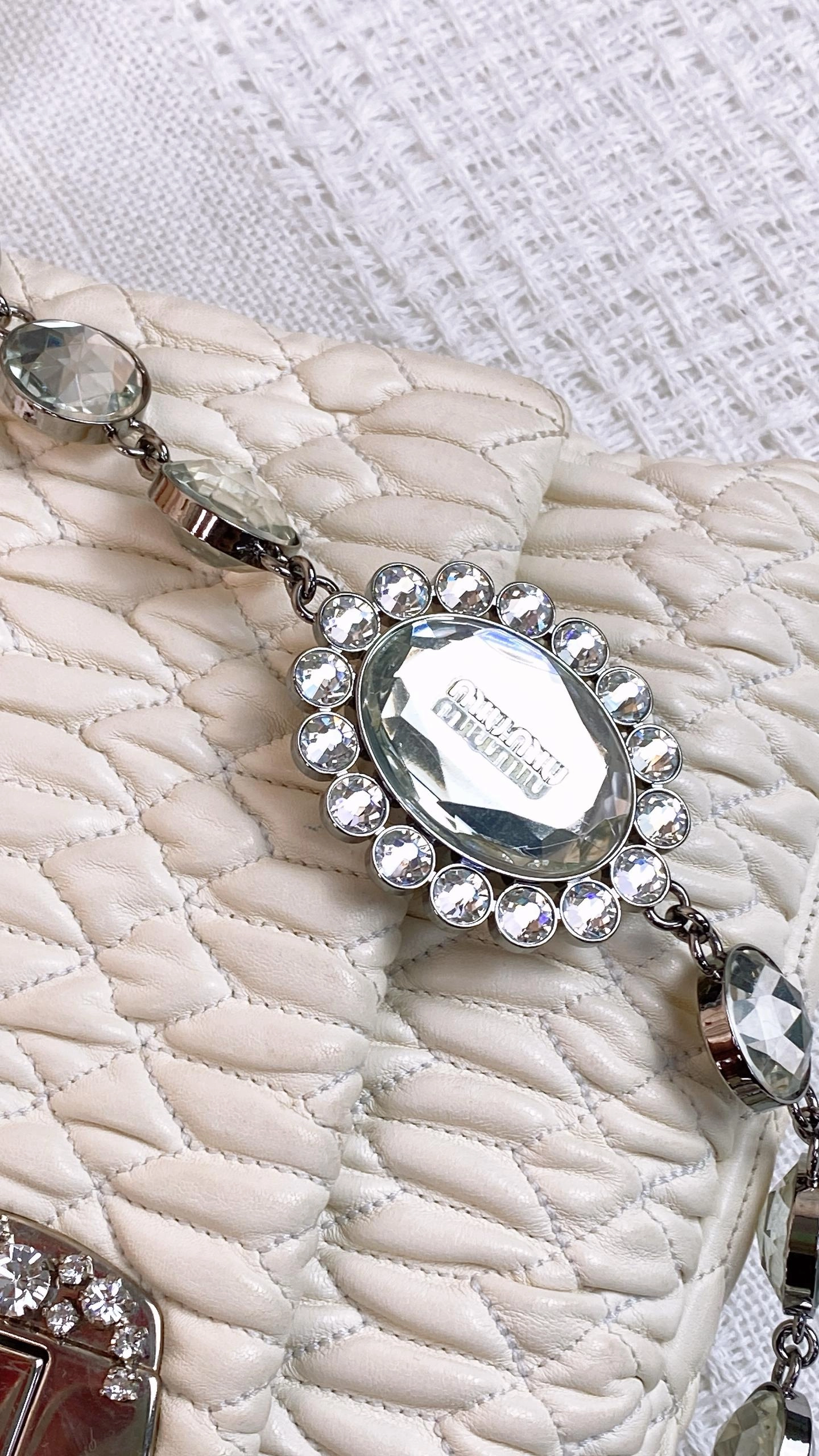 Miu Miu White Matelasse Nappa Crystal Shoulder Bag