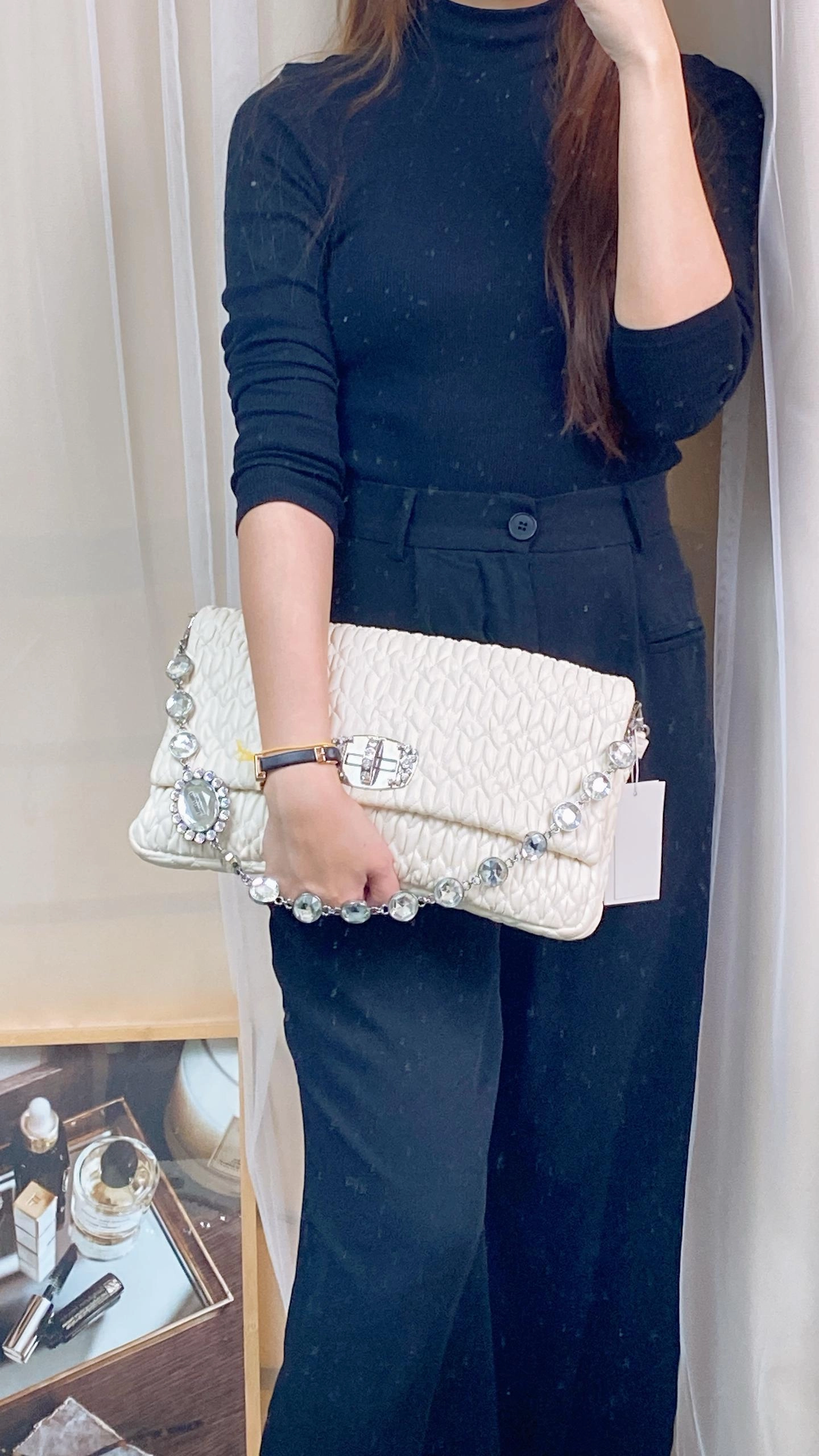 Miu Miu White Matelasse Nappa Crystal Shoulder Bag