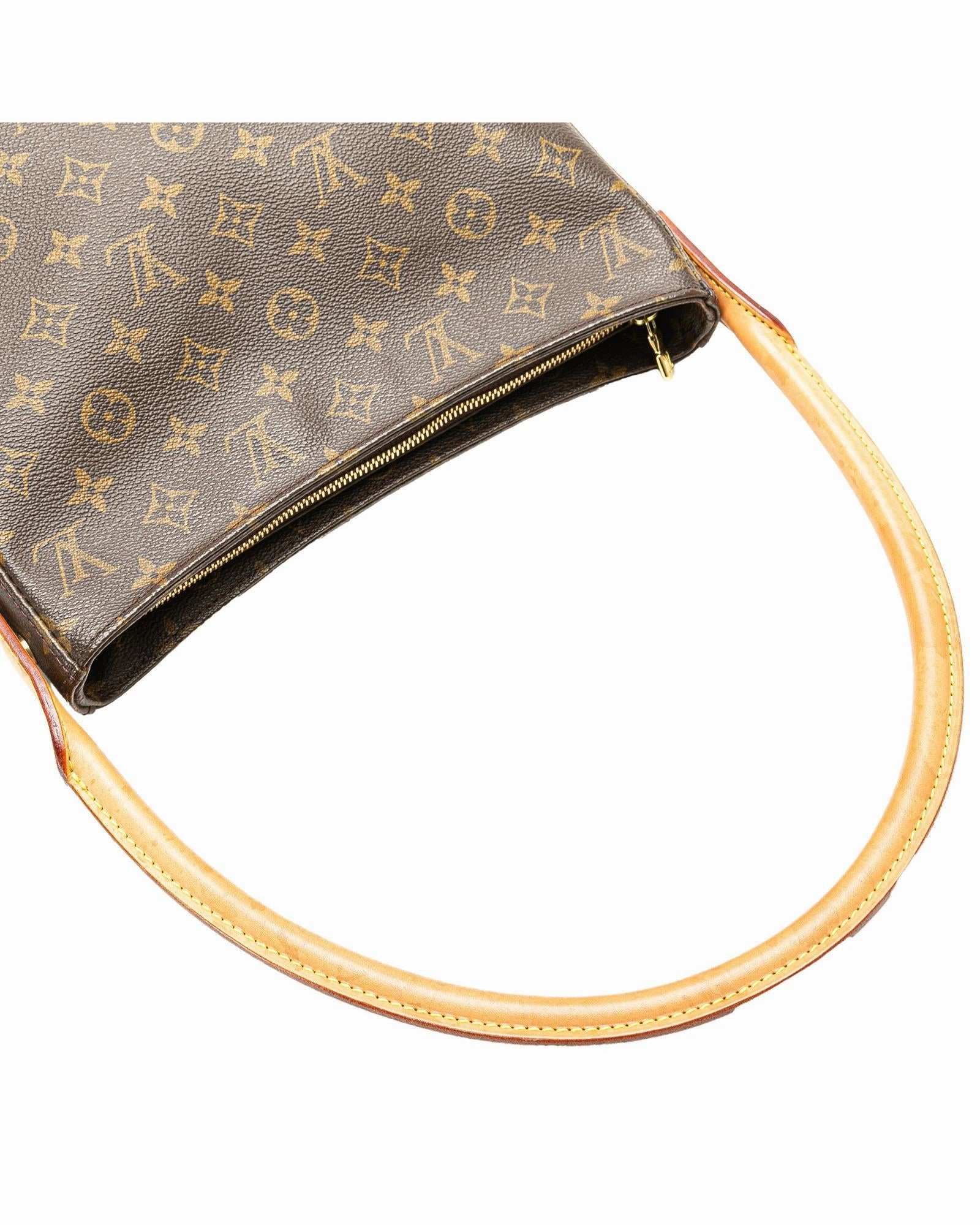 Monogram Canvas Shoulder Bag with Rolled Leather Strap and Interior Pockets