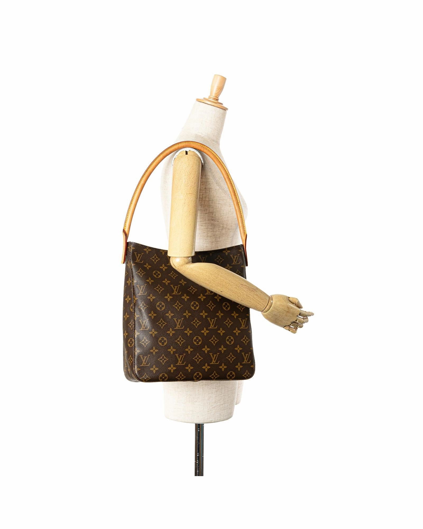Monogram Canvas Shoulder Bag with Rolled Leather Strap and Interior Pockets