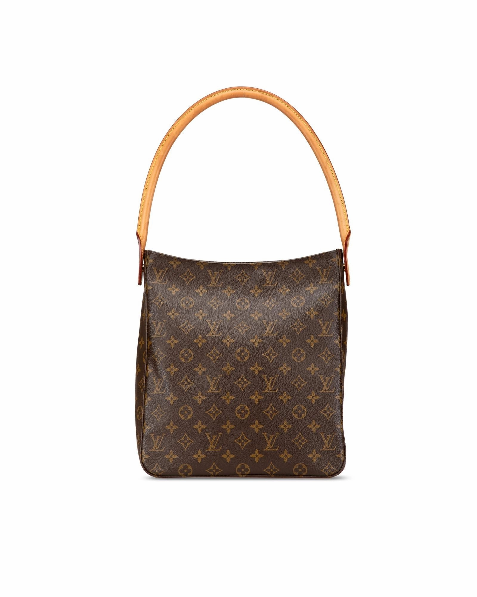 Monogram Canvas Shoulder Bag with Rolled Leather Strap and Interior Pockets