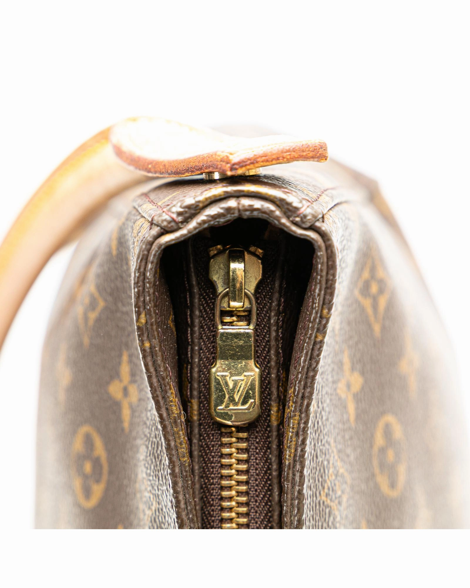 Monogram Canvas Shoulder Bag with Vachetta Leather Strap and Top Zip Closure