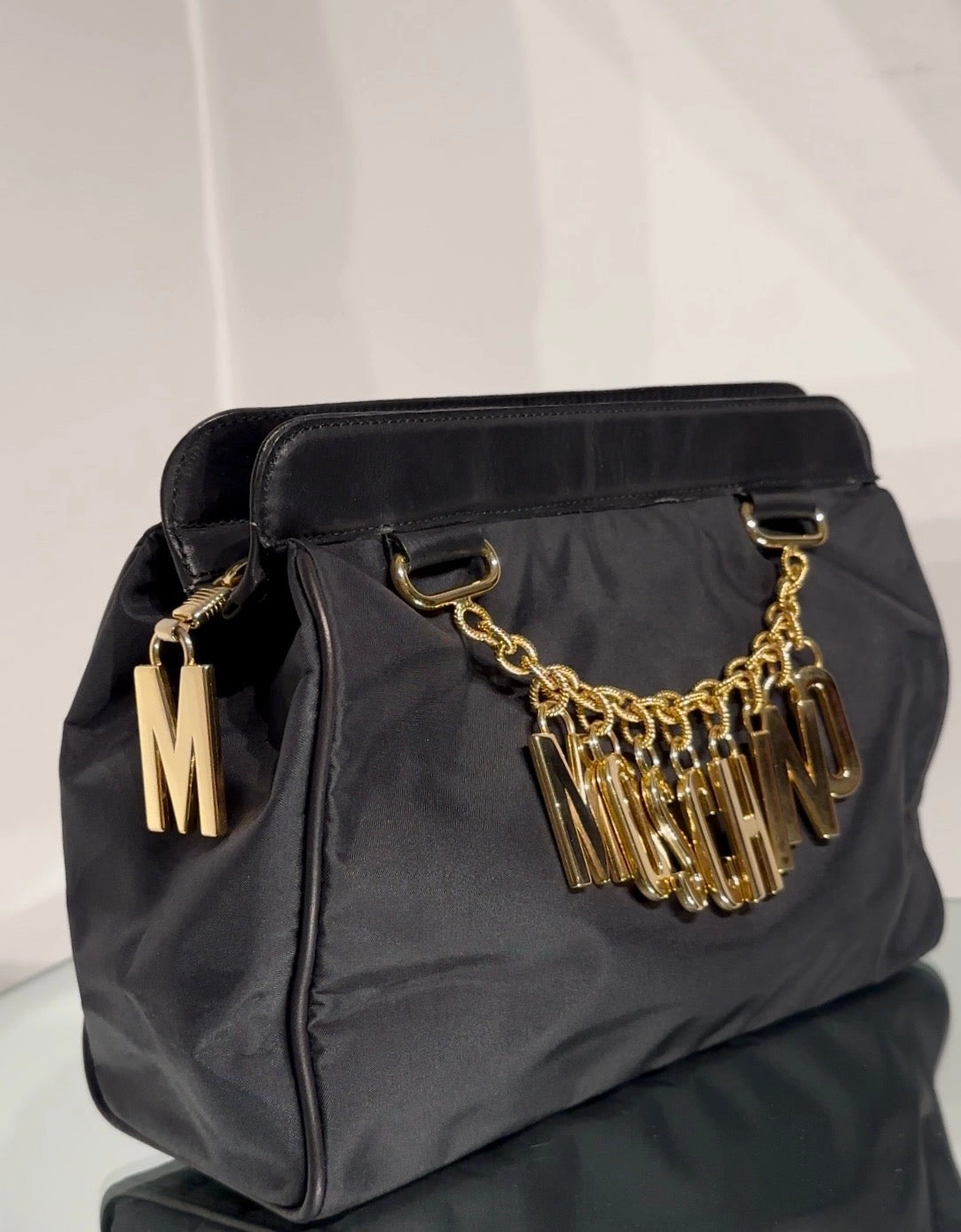 Moschino Vintage Black Nylon Leather Trim Clutch