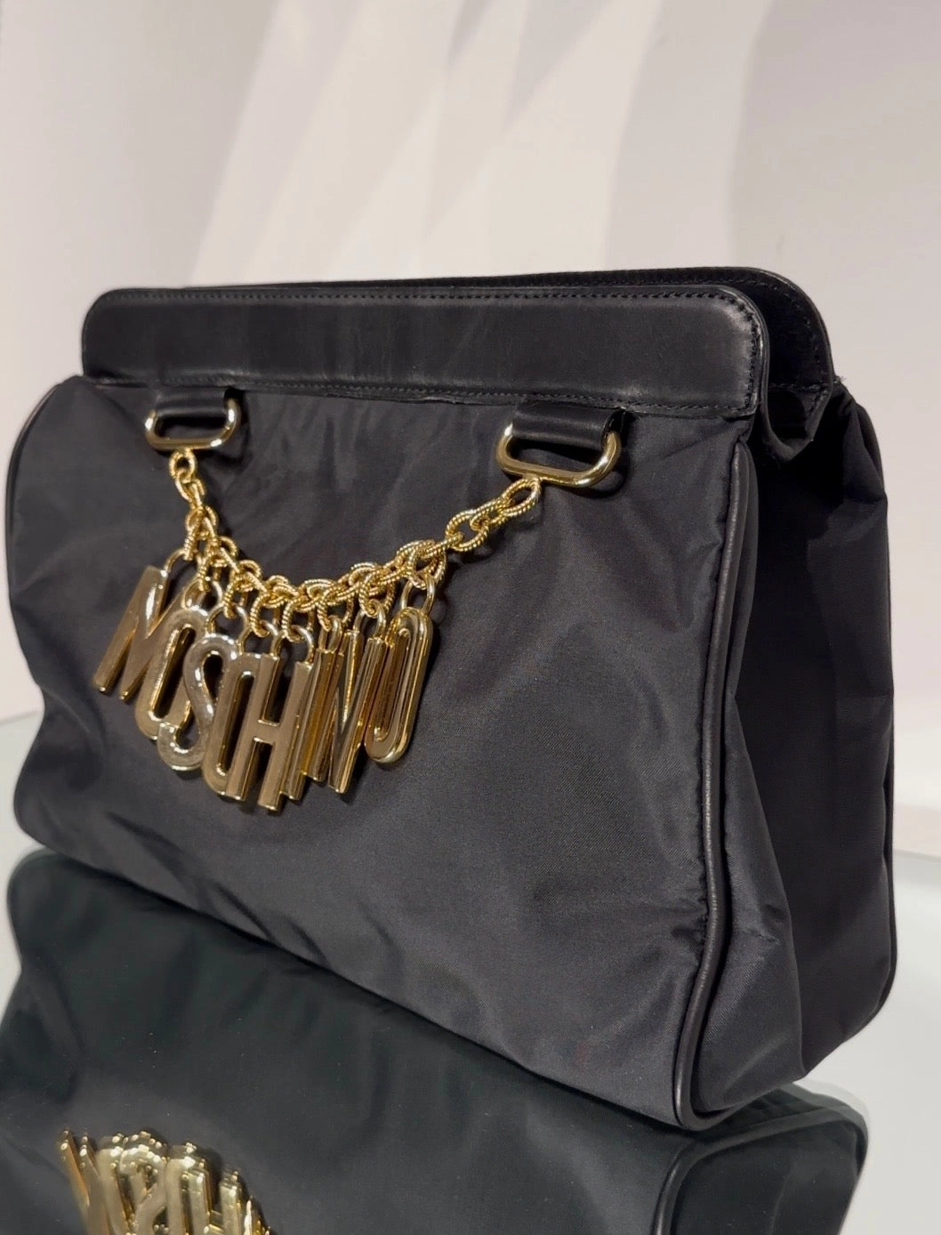 Moschino Vintage Black Nylon Leather Trim Clutch