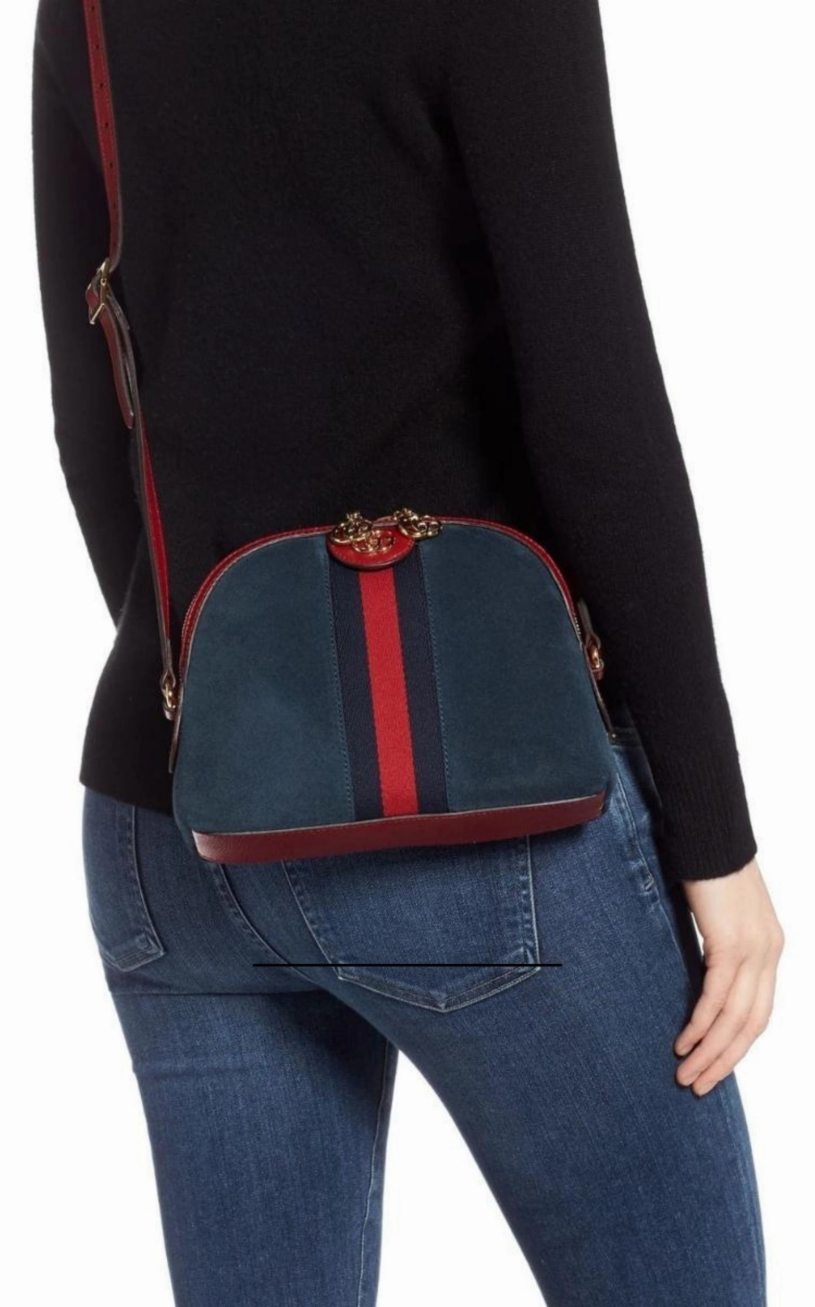 Navy Leather Suede Ophidia Shoulder Bag
