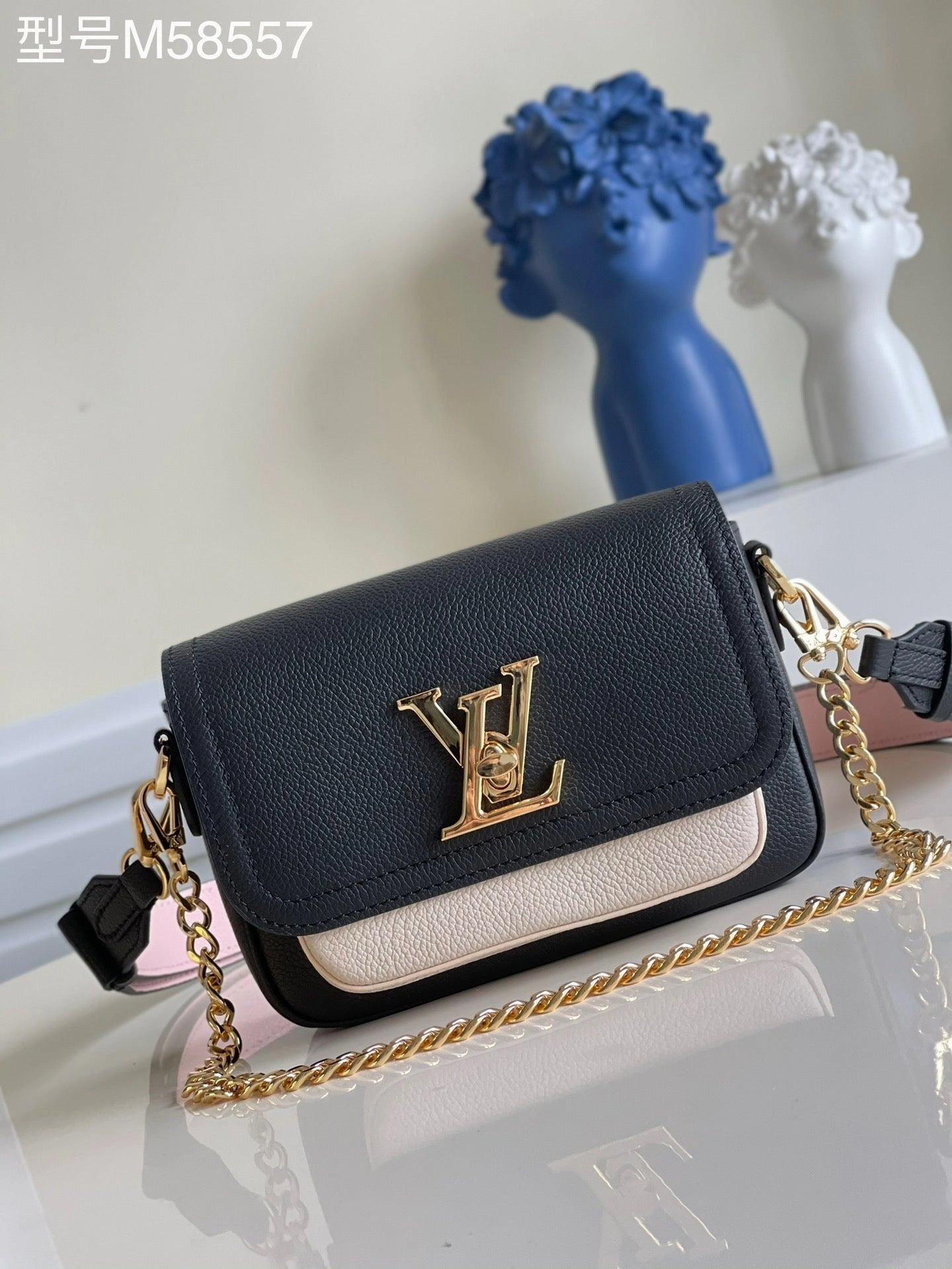 Navy Lockme Tender Leather Crossbody Bag for Women